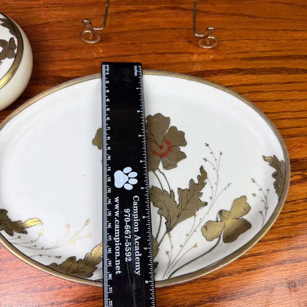 1909 Art Deco Dresser Tray & Covered Jar Set Porcelain Gold Antique Poppy LOOK